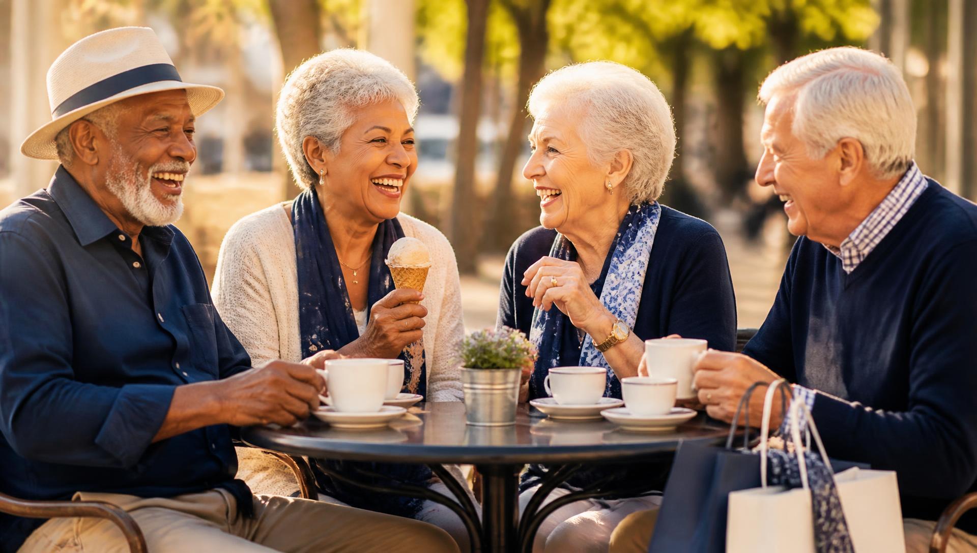 Senior friends enjoying coffee, ice cream, and conversation during a supervised outing